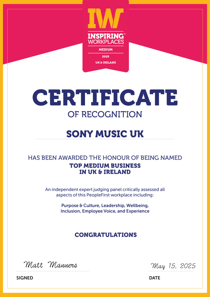 Sony Music Listed in Top 50 Inspiring Workplaces in the UK & Ireland